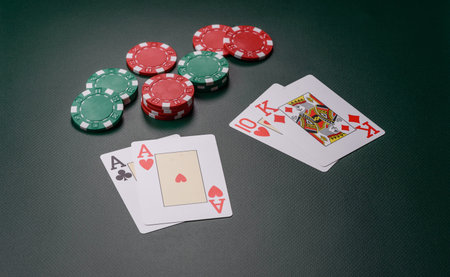 Casino, cards and chips on a colored background, poker and blackjack, gambling with bets. Cards and...