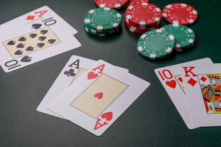 Casino, cards and chips on a colored background, poker and blackjack, gambling with bets. Cards and...