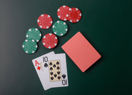 Casino, cards and chips on a colored background, poker and blackjack, gambling with bets. Cards and...