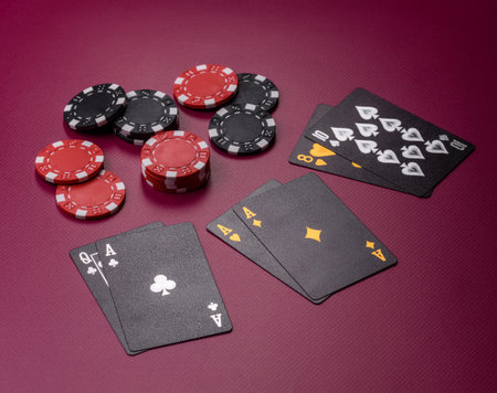 Casino, cards and chips on a colored background, poker and blackjack, gambling with bets. Cards and...