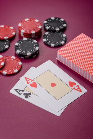 Casino, cards and chips on a colored background, poker and blackjack, gambling with bets. Cards and...