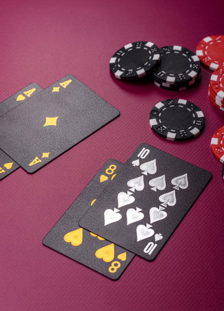 Casino, cards and chips on a colored background, poker and blackjack, gambling with bets. Cards and...