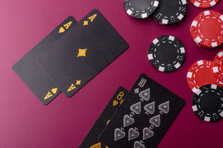 Casino, cards and chips on a colored background, poker and blackjack, gambling with bets. Cards and...