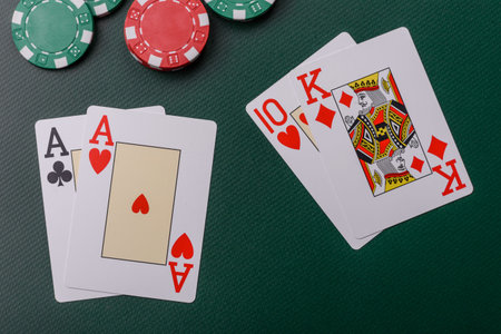 Casino, cards and chips on a colored background, poker and blackjack, gambling with bets. Cards and...