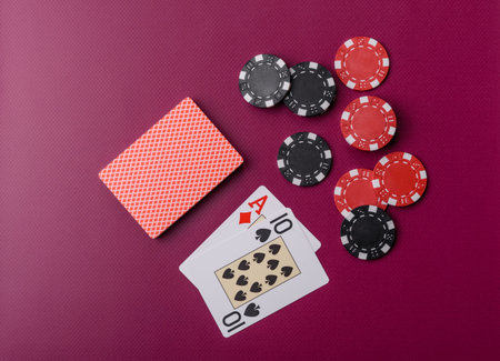 Casino, cards and chips on a colored background, poker and blackjack, gambling with bets. Cards and...