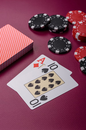Casino, cards and chips on a colored background, poker and blackjack, gambling with bets. Cards and...