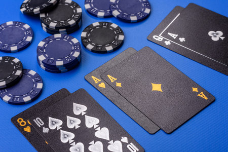 Casino, cards and chips on a colored background, poker and blackjack, gambling with bets. Cards and...