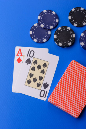 Casino, cards and chips on a colored background, poker and blackjack, gambling with bets. Cards and...