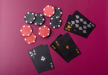 Casino, cards and chips on a colored background, poker and blackjack, gambling with bets. Cards and...