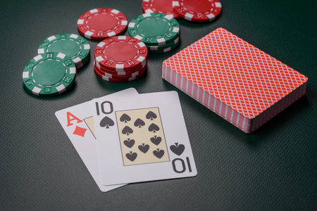 Casino, cards and chips on a colored background, poker and blackjack, gambling with bets. Cards and...