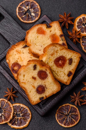 Fruit cake, a pastry, and dessert with cherries, plums, and raisins for a festive Christmas table....