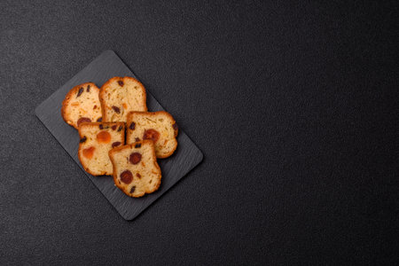 Fruit cake, a pastry, and dessert with cherries, plums, and raisins. Fruit pie as a food background for your design.の写真素材