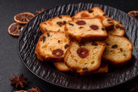 Fruit cake, a pastry, and dessert with cherries, plums, and raisins for a festive Christmas table....