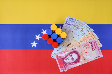 Metal barrels of oil, gas, or chemicals on the Venezuelan flag, Venezuela production. Barrels of oil...