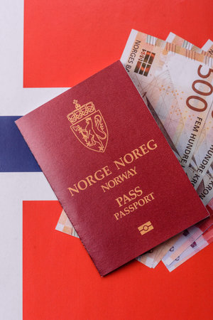 Norway passport, Norwegian visa for international travel and vacation. Norwegian passport as a background for your designの写真素材