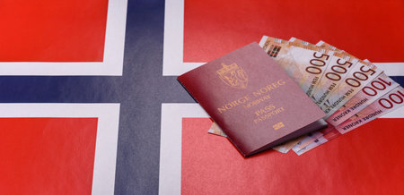 Norway passport, Norwegian visa for international travel and vacation. Norwegian passport as a background for your designの写真素材