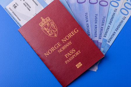 Norway passport, Norwegian visa for international travel and vacation. Norwegian passport as a background for your designの写真素材