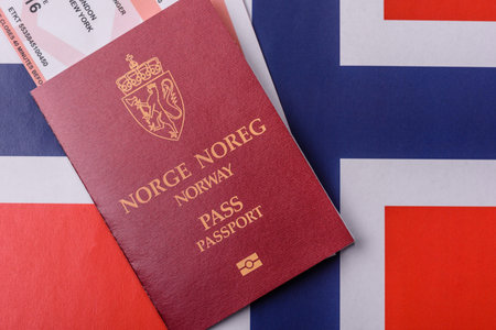 Norway passport, Norwegian visa for international travel and vacation. Norwegian passport as a background for your designの写真素材