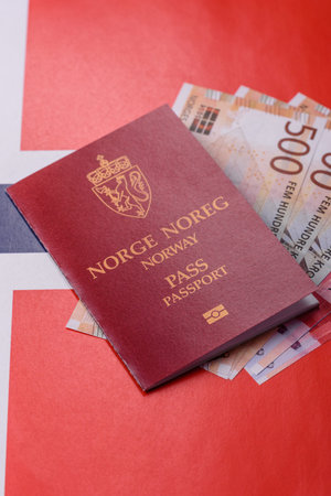 Norway passport, Norwegian visa for international travel and vacation. Norwegian passport as a background for your designの写真素材
