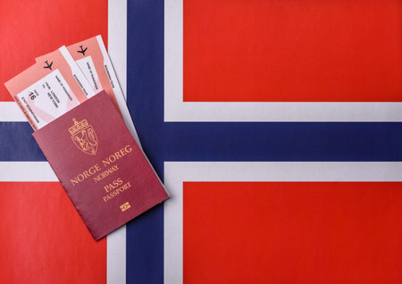 Norway passport, Norwegian visa for international travel and vacation. Norwegian passport as a background for your designの写真素材