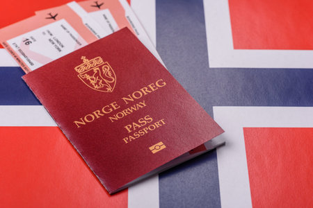 Norway passport, Norwegian visa for international travel and vacation. Norwegian passport as a background for your designの写真素材