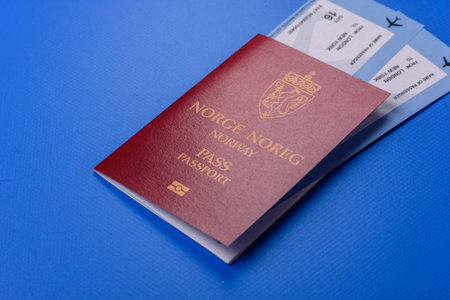 Norway passport, Norwegian visa for international travel and vacation. Norwegian passport as a background for your designの写真素材