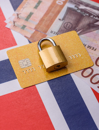 Blocking of a bank debit card, account, or bill, fraud, or bankruptcy. Blocking of a bank card as a background for your designの写真素材