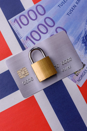 Blocking of a bank debit card, account, or bill, fraud, or bankruptcy. Blocking of a bank card as a background for your designの写真素材