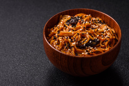 Yakisoba, Asian noodles with vegetables and meat, is a spicy food. Yakisoba or udon as a food...