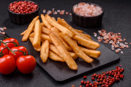French fries, a salty, crispy, homemade snack with spices. French fries as a food background for...