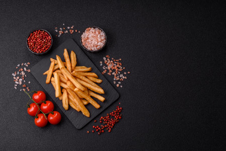 French fries, a salty, crispy, homemade snack with spices. French fries as a food background for...