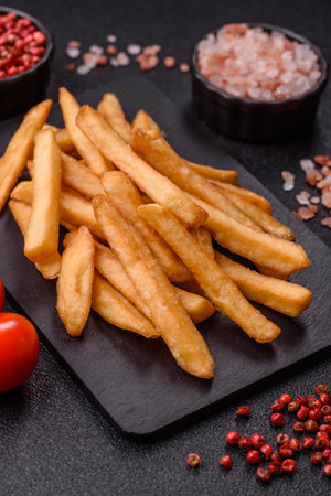 French fries, a salty, crispy, homemade snack with spices. French fries as a food background for...
