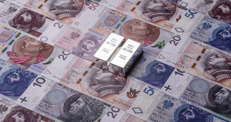 A silver bar, white metal against a backdrop of Polish flag, as a concept for the sales market. A...