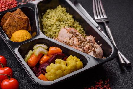 A bowl with chicken or turkey, porridge, vegetables, sauce, and spices. A meat bowl as a food...