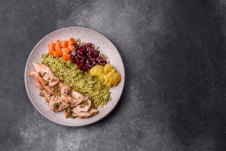 A bowl with chicken or turkey, porridge, vegetables, sauce, and spices. A meat bowl as a food...