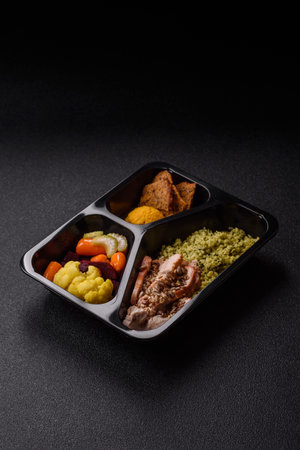 A bowl with chicken or turkey, vegetables, sauce, and spices.