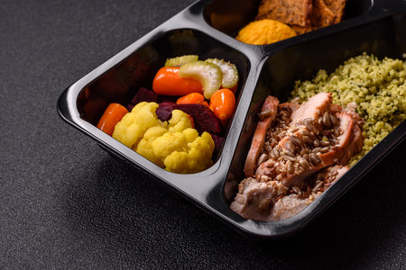 A bowl with chicken or turkey, vegetables, sauce, and spices. A meat bowl as a food background for...