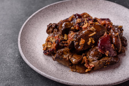 Chicken, duck, or goose liver with plums, onions, and spices. Chicken liver as a food background for...