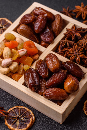 Dried dates on a ceramic plate for Ramadan or Iftar. Dried dates as a food background for your...