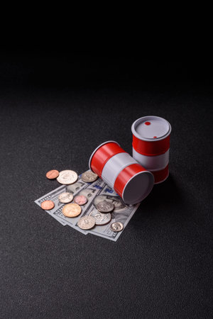 A barrel of oil against a backdrop of dollars as a concept for the global oil crisis and rising prices. A barrel of oil and dollars as a background for your designの写真素材