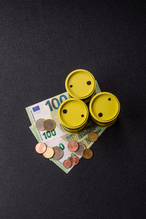 A barrel of oil against a backdrop of euro as a concept for the global oil crisis and rising prices.