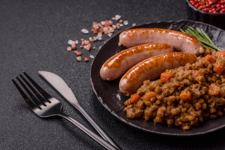 Lentil, carrot, and tomato stew with sausages, a European dish. Lentils with sausages as a food background for your designの写真素材