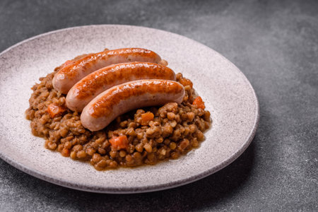 Lentil, carrot, and tomato stew with sausages, a European dish. Lentils with sausages as a food background for your designの写真素材