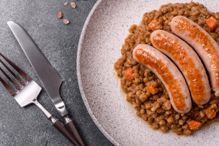 Lentil, carrot, and tomato stew with sausages, a European dish. Lentils with sausages as a food background for your designの写真素材