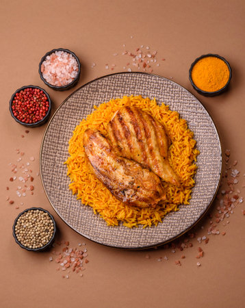 Kabsa or haneeth, an Arabic dish with rice and chicken, salt, and spices. Kabsa or haneeth as a food...
