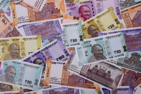 Indian paper currency, rupee, for financial transactions and exchange. Indian rupee currency as a...