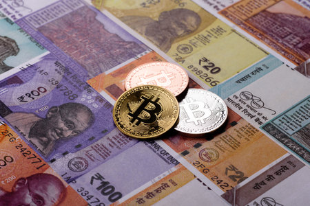 A conceptual financial background featuring Bitcoin against the Indian currency, the Rupee. Bitcoin...
