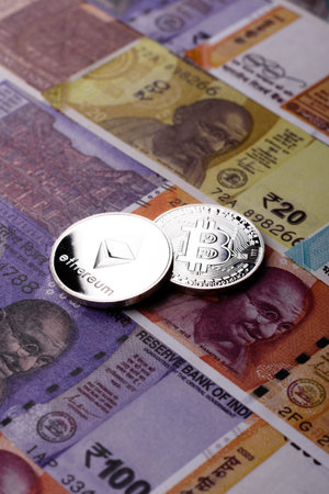 A conceptual financial background featuring ethereum against the Indian currency, the Rupee....