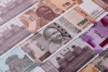 Indian paper currency, rupee, for financial transactions and exchange. Indian rupee currency as a...