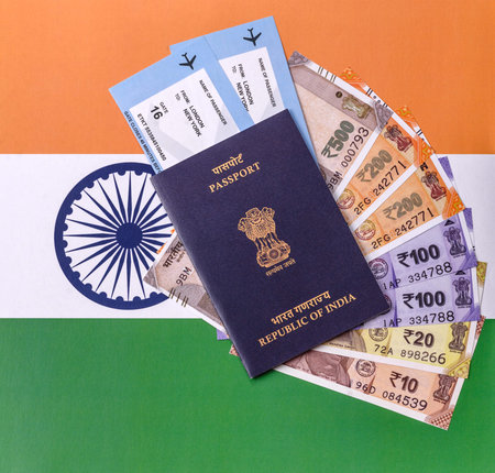 Indian passport, a document for travel, leisure, and work. Passport of India as a travel background...
